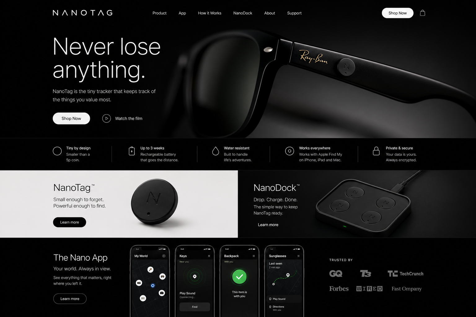 Original NanoTag concept: tiny round black tracker attached to sunglasses